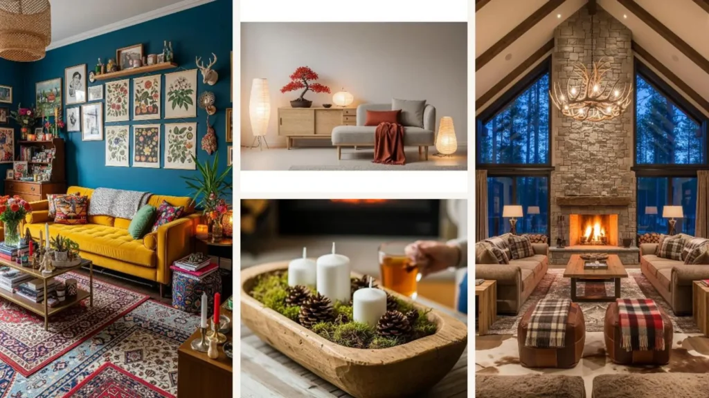 Collage gemütlicher Herbst-Wohnzimmer mit Kamin, Kerzen und Deko für romantische Abende zu zweit.