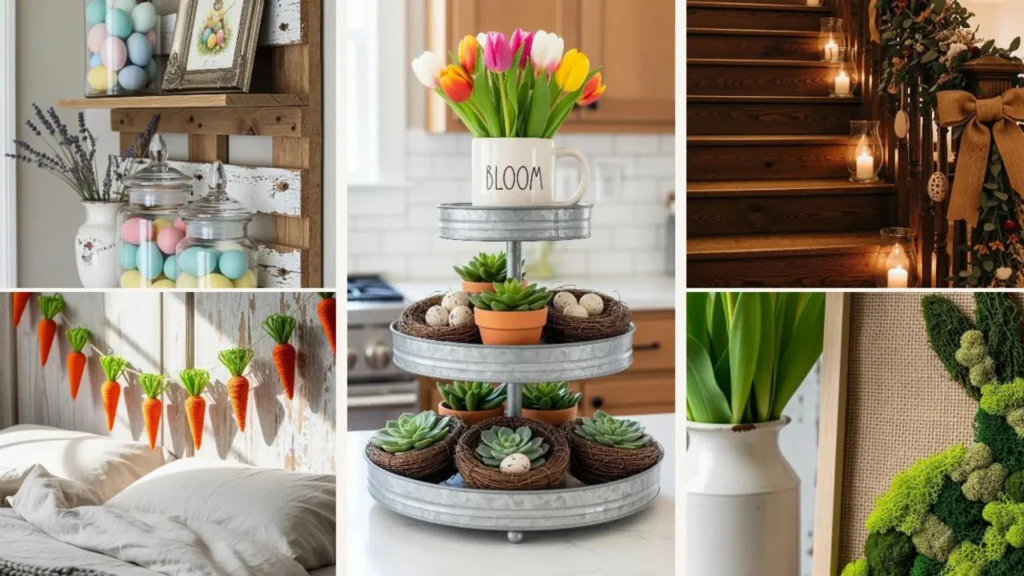 Collage charmanter DIY-Osterideen für ein rustikales Zuhause mit Etagere, Moos-Hase und Karottengirlande.