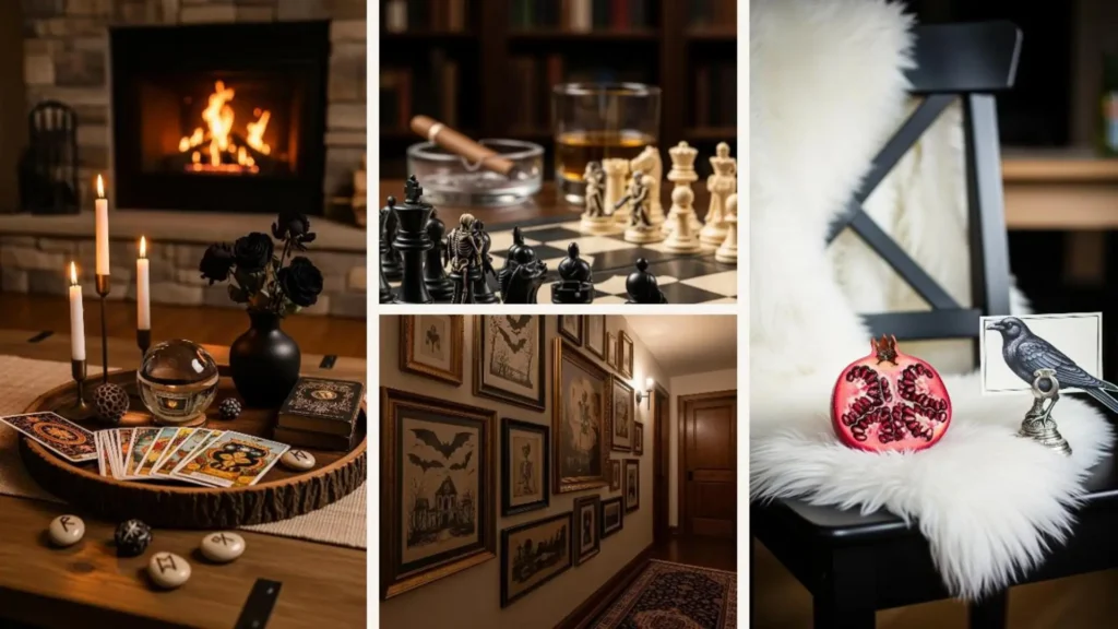 Collage mit eleganter Halloween Deko im Dark Academia Stil: Kerzen, Tarot, Schach und düstere Wandbilder.