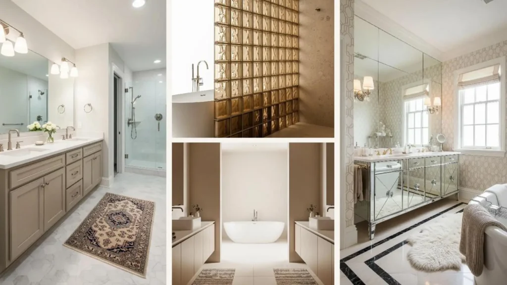 Collage luxuriöser Badezimmer in warmen Beige- und Cremetönen voller Eleganz und stilvollem Design.