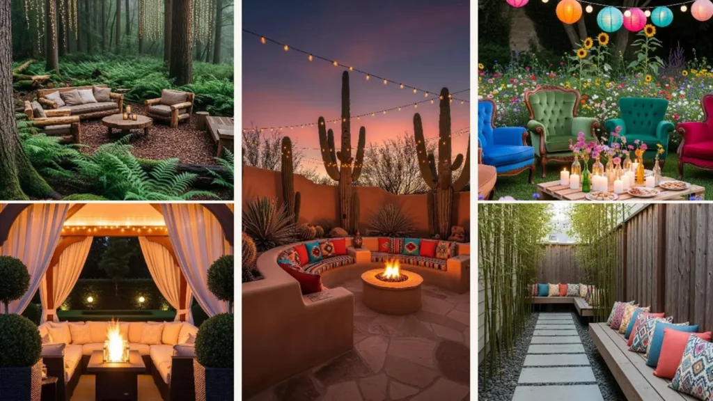 Stylische Outdoor-Lounge-Ideen mit Lichterketten und Pflanzen für warme Sommernächte