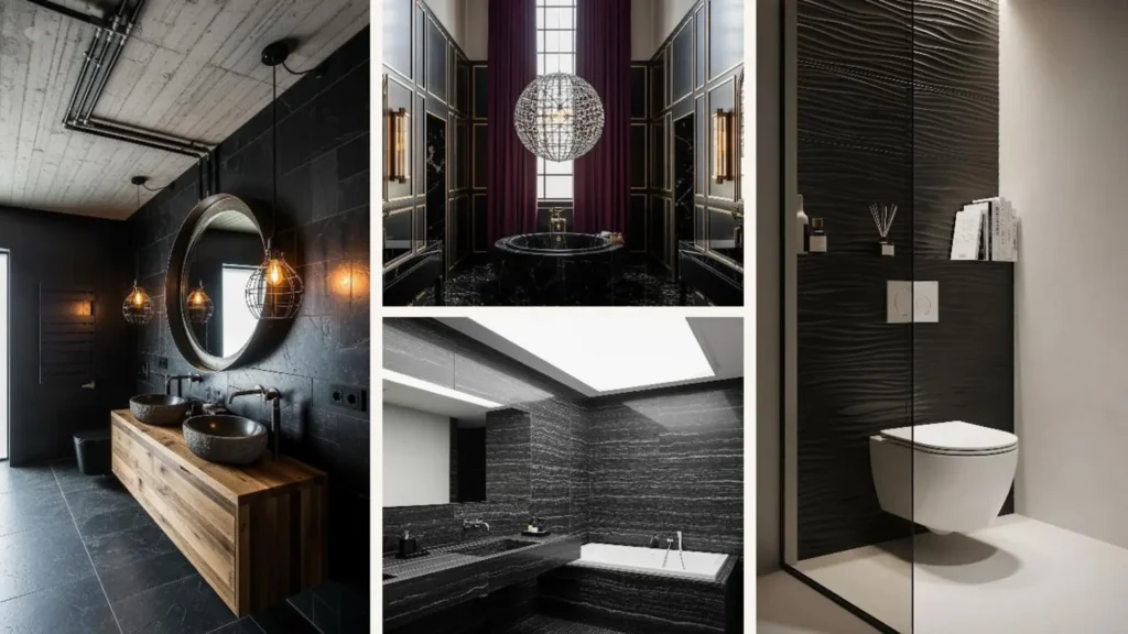 Stilvolle Badezimmer in schwarzer Travertinoptik mit zeitloser Eleganz und hochwertigen Details.