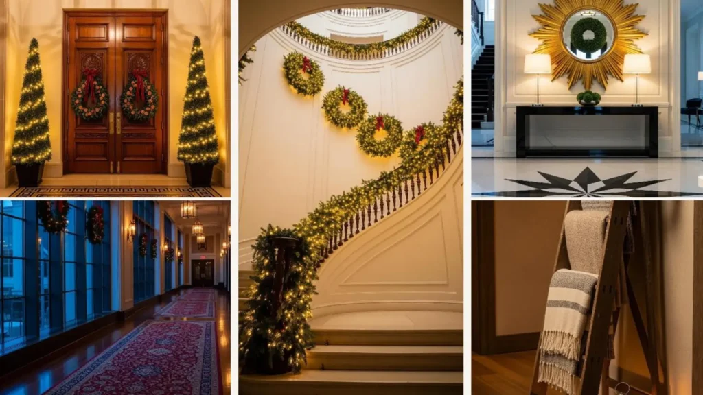 Elegante Flur-Deko zu Weihnachten mit Kränzen, Girlanden und warmem Licht im festlichen Eingangsbereich.