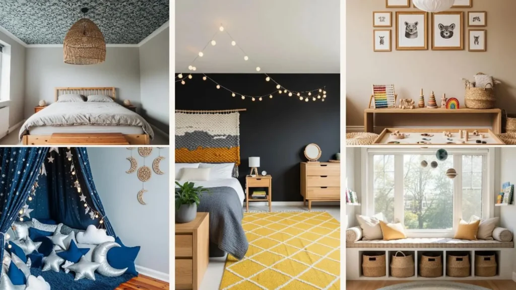 Kollage kreativer Boho-Kinderzimmer mit gemütlicher Kuschelecke, Holzspielzeug und Sternen-Deko.