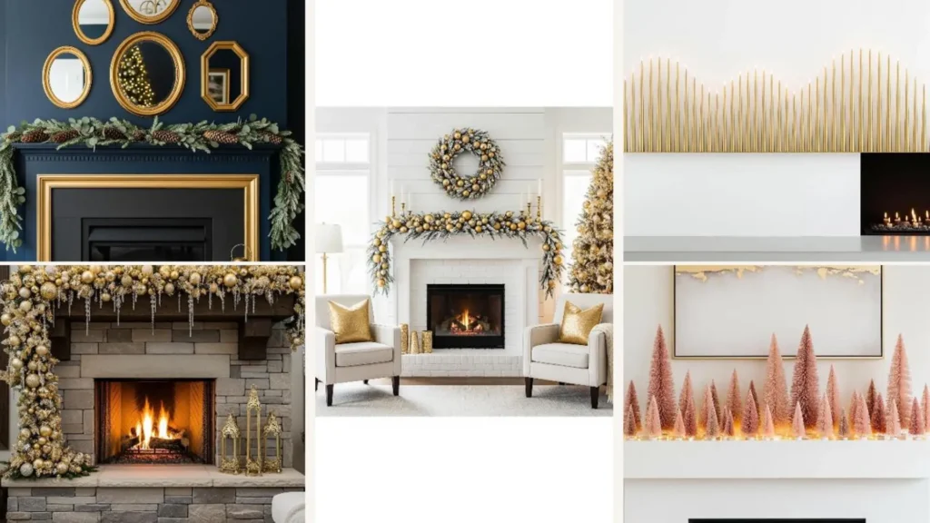 Luxuriöse Weihnachts-Kaminumrandungen mit Gold-Akzenten, Girlanden und festlichem Glam-Dekor.