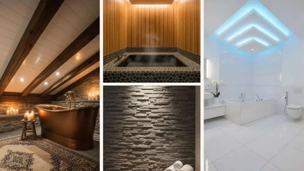 Elegante Badezimmer mit indirekter Deckenbeleuchtung für eine luxuriöse Spa-Stimmung
