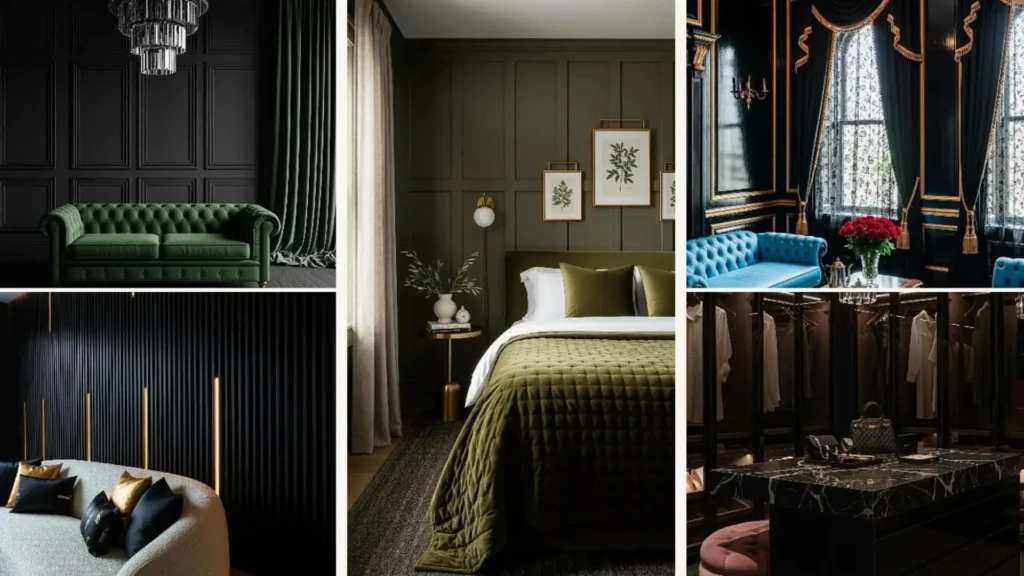 Elegante Räume mit dunklen Wandverkleidungen und feinen Textilien wie Samt in luxuriöser Atmosphäre.