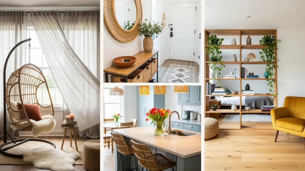 Moderne Boho-Dekor-Ideen für Erstwohnungen: Collage mit Hängesessel, Rattan-Möbeln und Pflanzen.