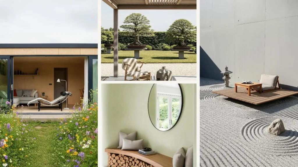 Japandi-Gartenideen: Zen-Garten mit Leseecke, Holzpodest und minimalistisches Design im skandinavisch-japanischen Stil.