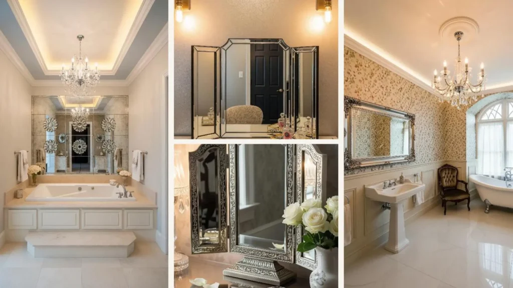 Glamouröse Badezimmer mit Kristallspiegeln und warmem Ambientelicht für luxuriöses Flair.