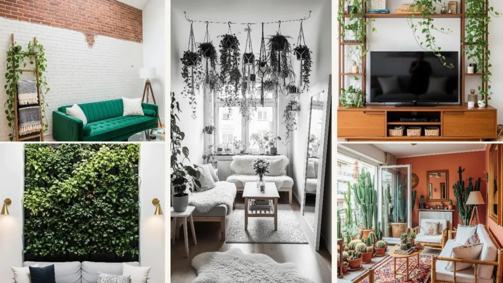 Collage natürlicher Boho-Wohnzimmer mit vielen Pflanzen und gemütlichem Flair für Stadtwohnungen.