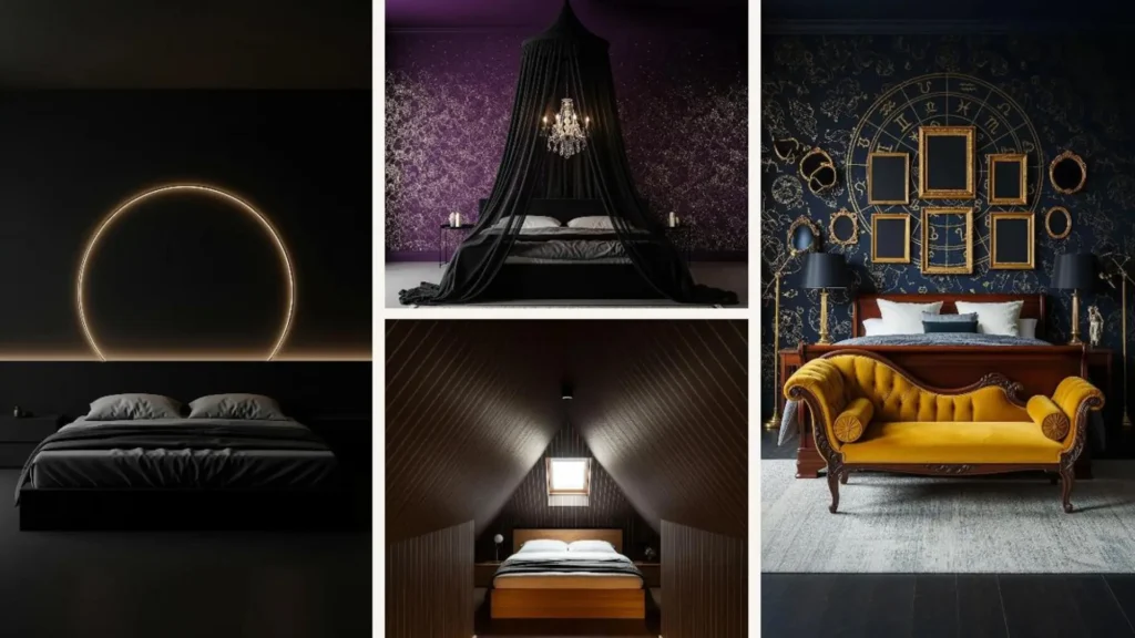 Collage stilvoller Schlafzimmer mit dunklen Tapeten und feinen goldenen Linien.