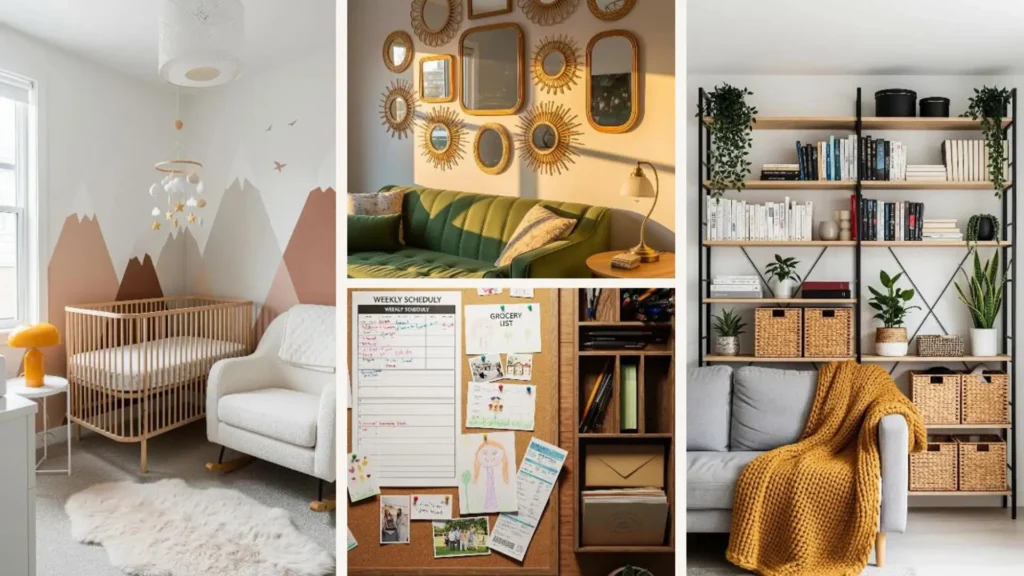 Collage zu Boho-Wohnideen für kleine Familien: Kinderzimmer, Wohnzimmer und Deko für ein warmes Zuhause.