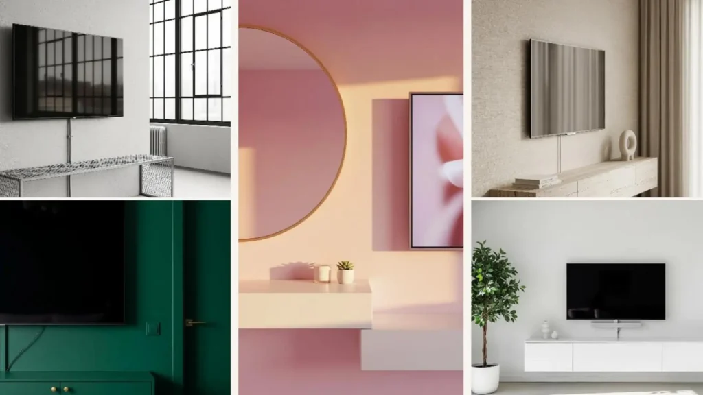 Collage minimalistischer TV-Wände ohne Kabelsalat in verschiedenen Farben und modernen Stilen.