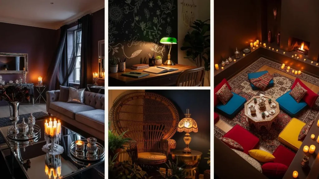 Dunkle Boho-Wohnzimmer mit Kerzenschein, gemütlichen Kissen und mystischer Abendatmosphäre.