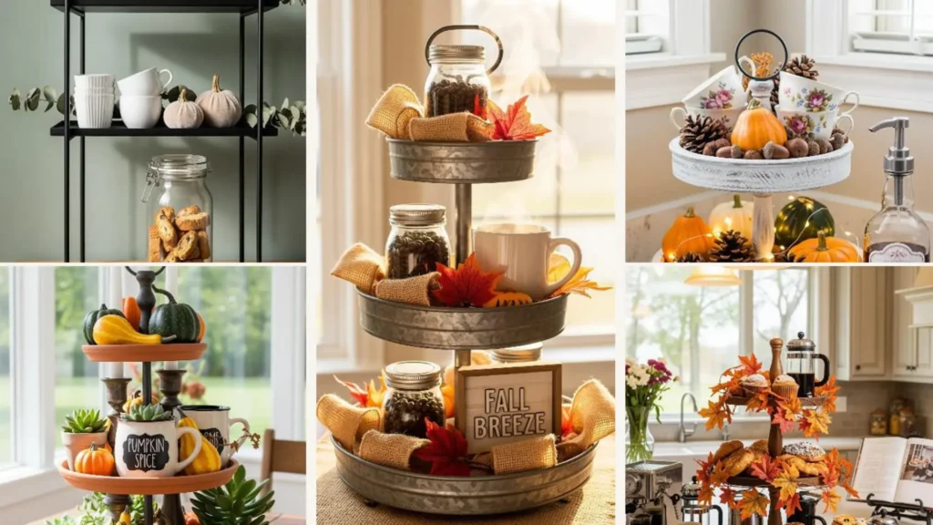 Gemütliche Etagere-Deko für die Herbst-Kaffeebar mit Kürbissen, Tassen und saisonalem Flair.