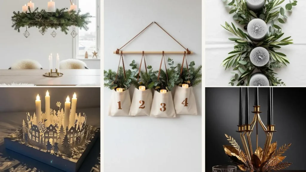 Kreative Adventskranz-Deko-Ideen: Collage mit modernen, hängenden und minimalistischen Designs für Weihnachtsstimmung.
