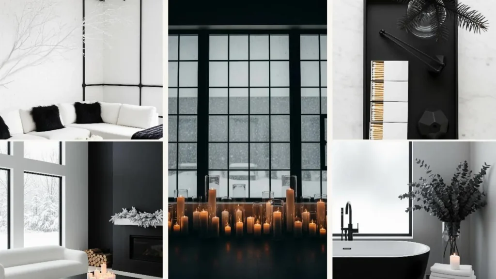 Minimalistische Winter Deko in Schwarz-Weiß: Modernes Interior mit Kerzen und Zweigen.