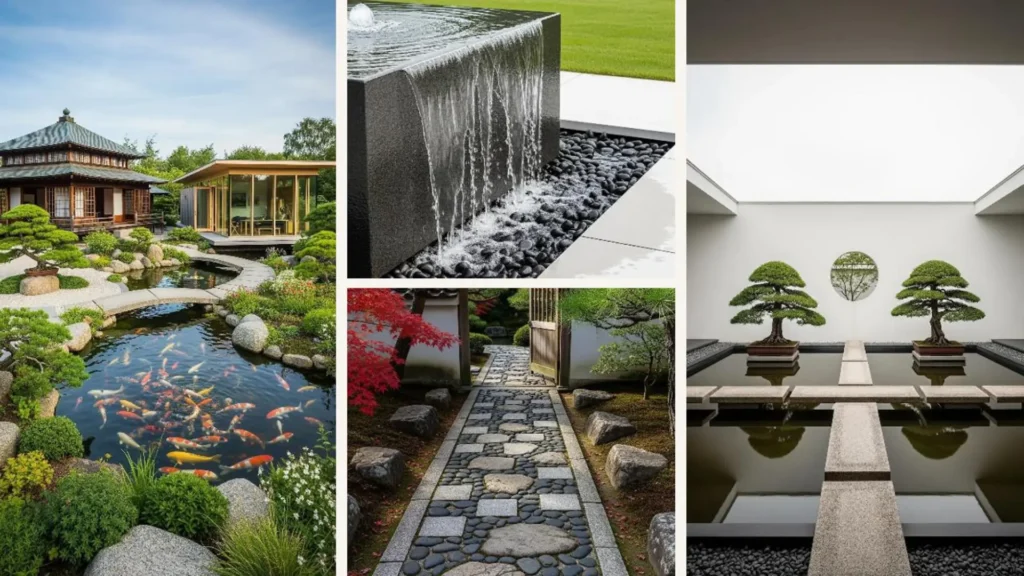 Traumhafter Japandi-Garten mit Zen-Teich, Koi und Steinwegen im großen Hinterhof.