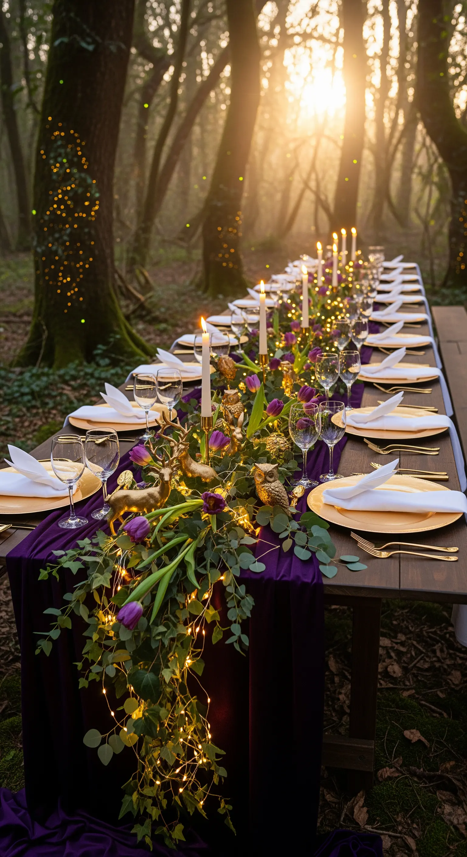 Lange Tafel im Wald bei Dämmerung, beleuchtet von vielen Lichterketten und Kerzen