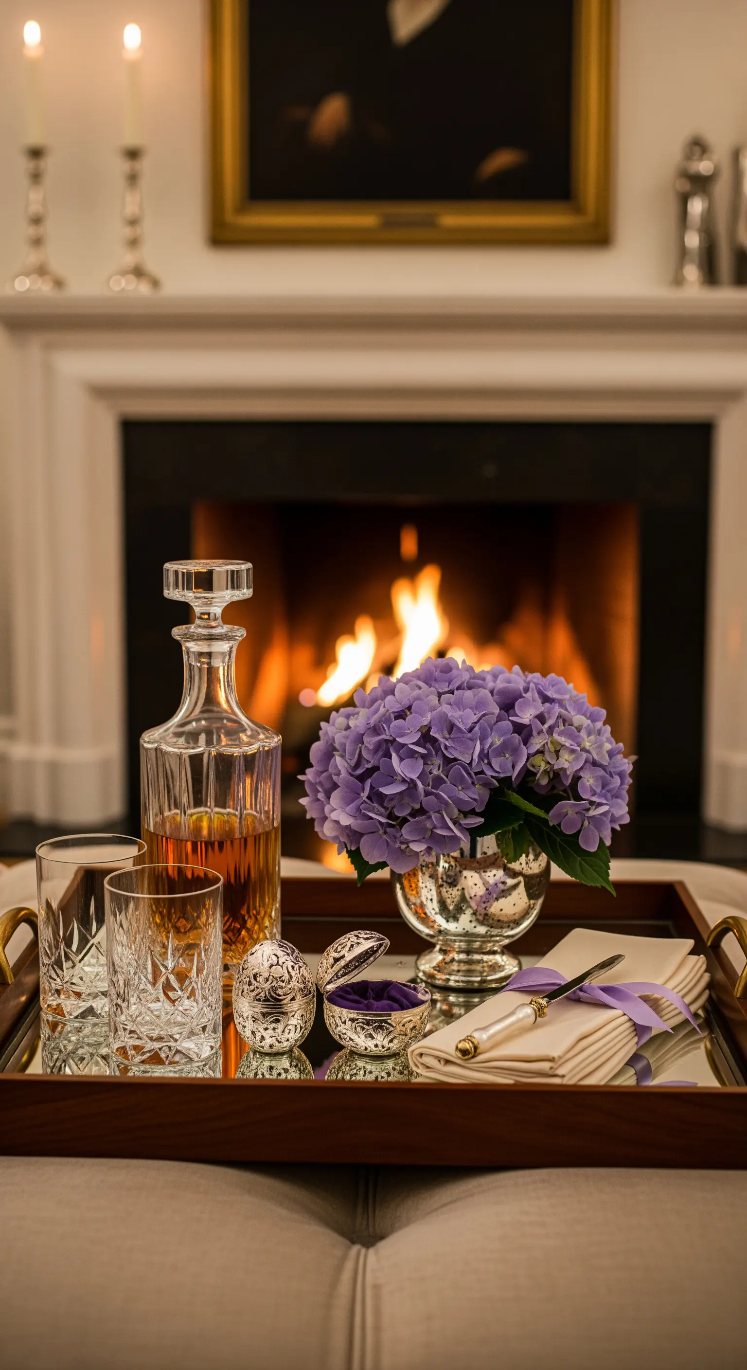 Kamin mit lila Hortensien und Kristallkaraffe