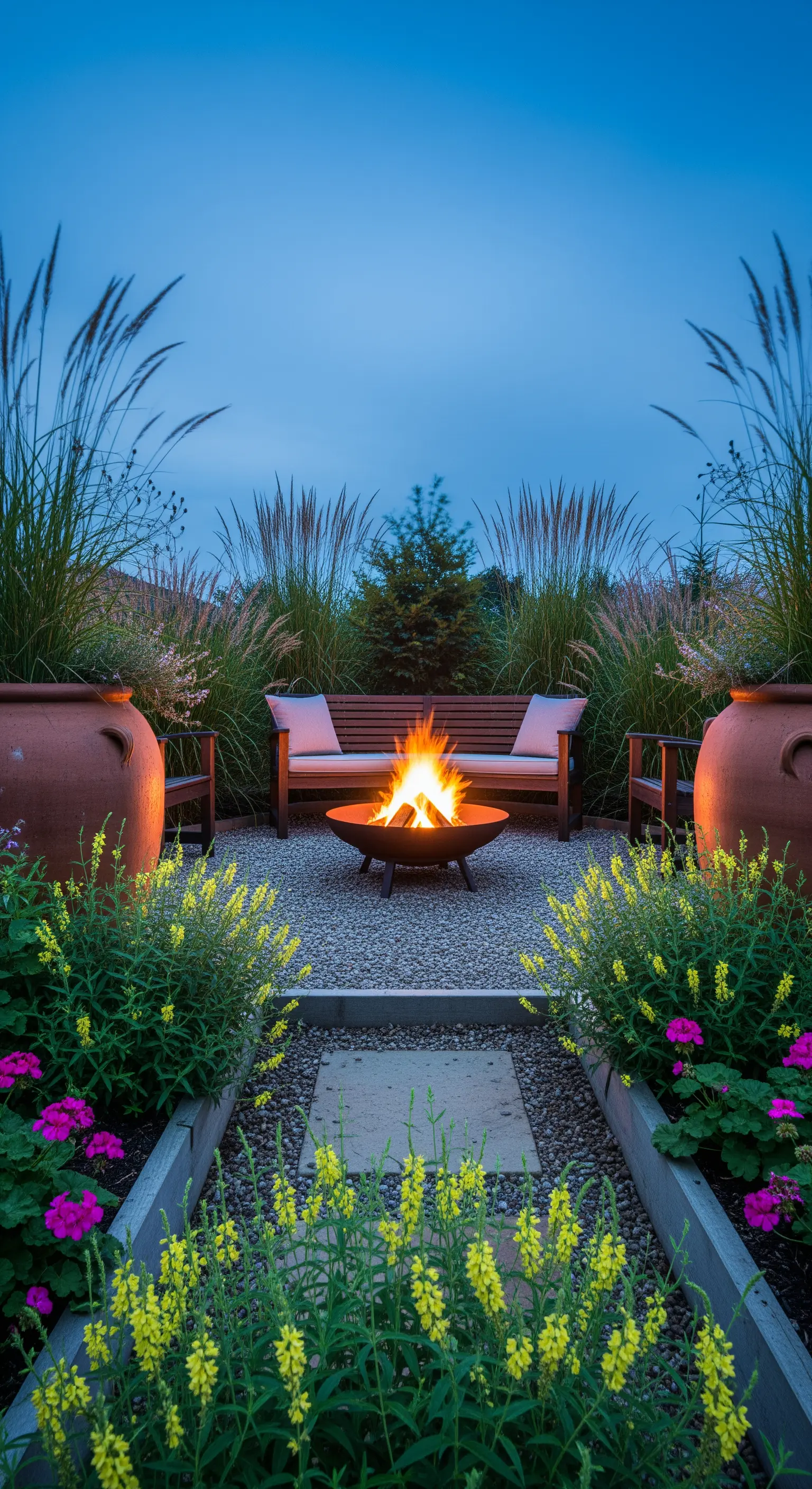 Sitzbereich mit Feuerschale umgeben von hohen Ziergräsern und Töpfen