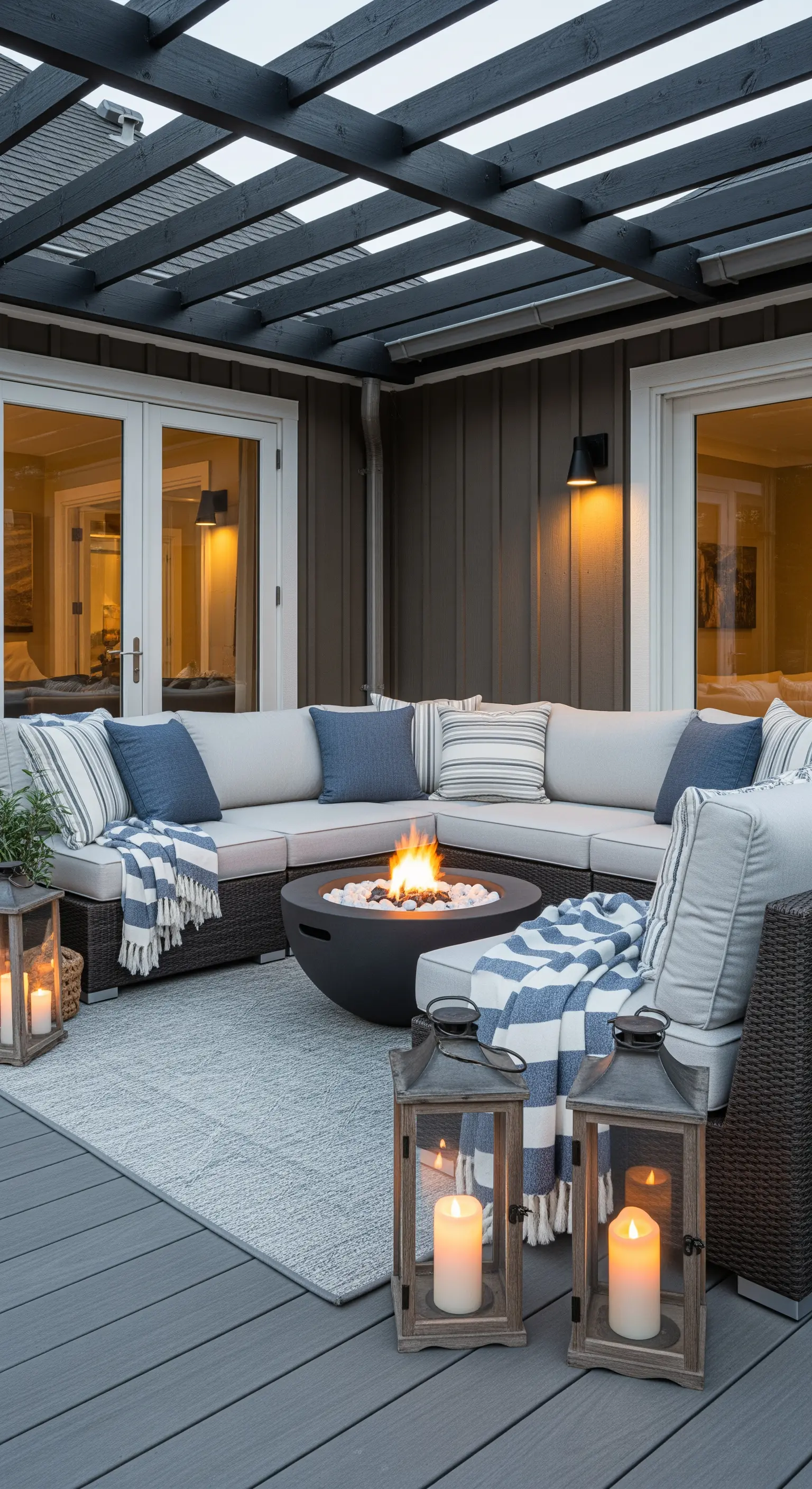 Terrasse mit Lounge-Möbeln, Feuerstelle und Laternen