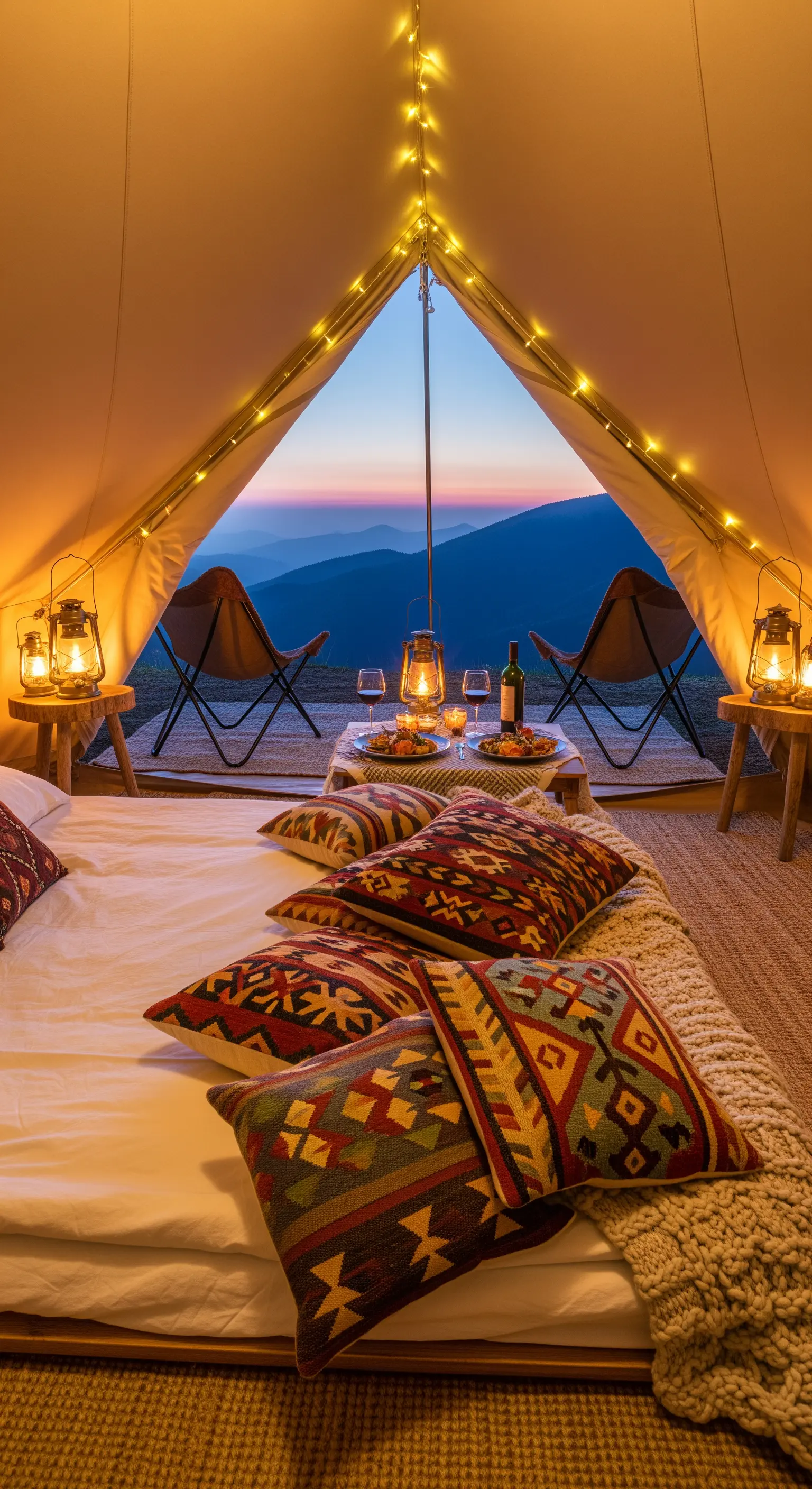 Glamping-Zelt mit Aussicht auf Berge bei Sonnenuntergang