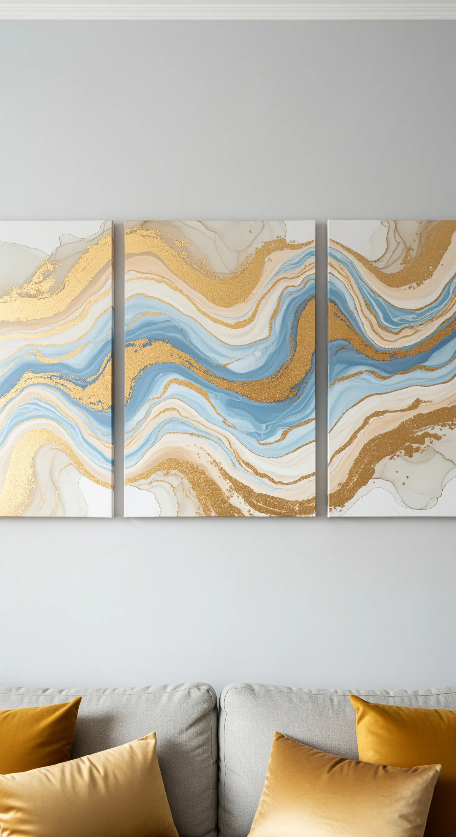 Abstrakte Kunst in Blau und Gold über grauem Sofa