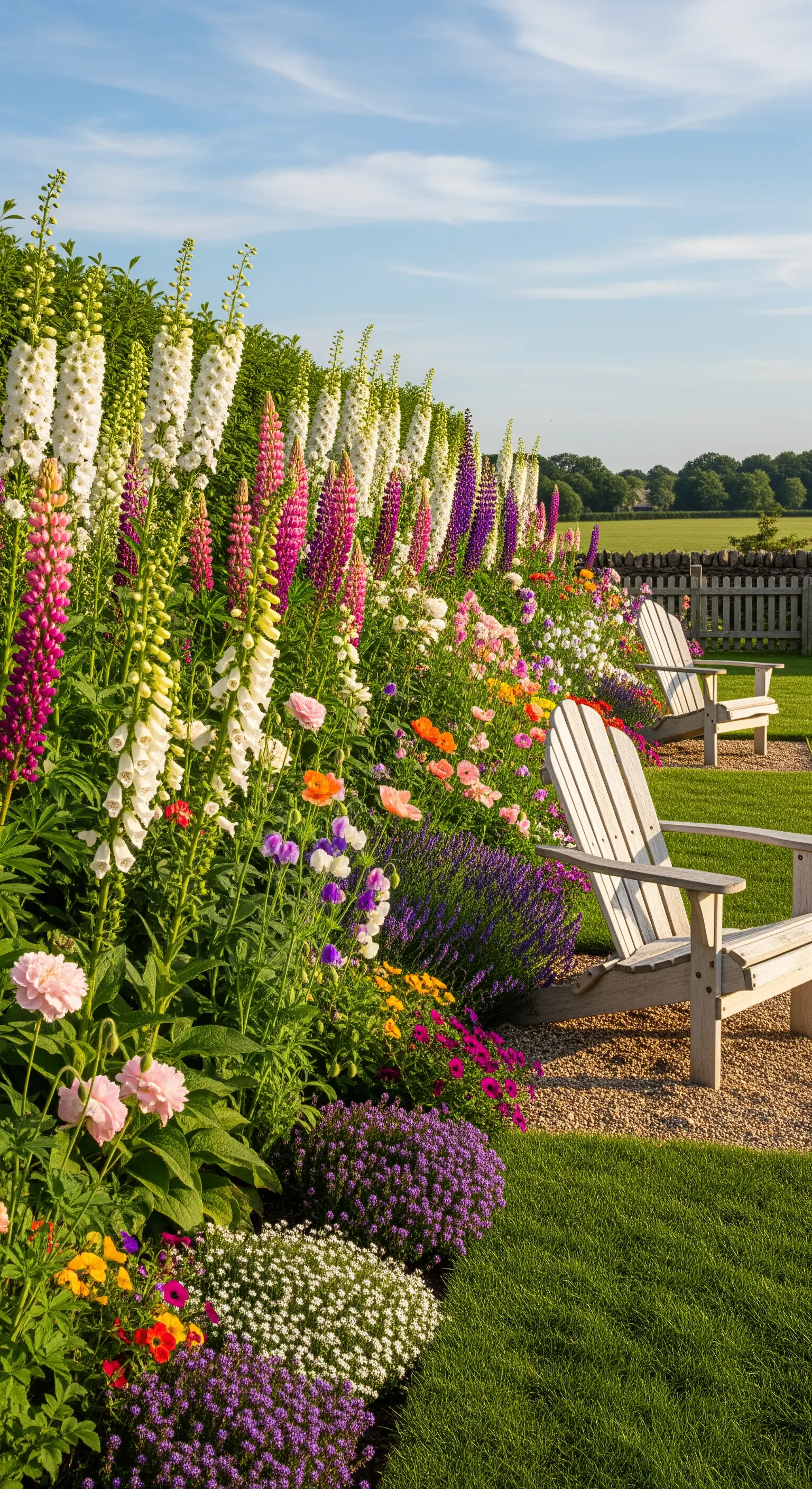 Holzstühle vor hohem Blumenbeet