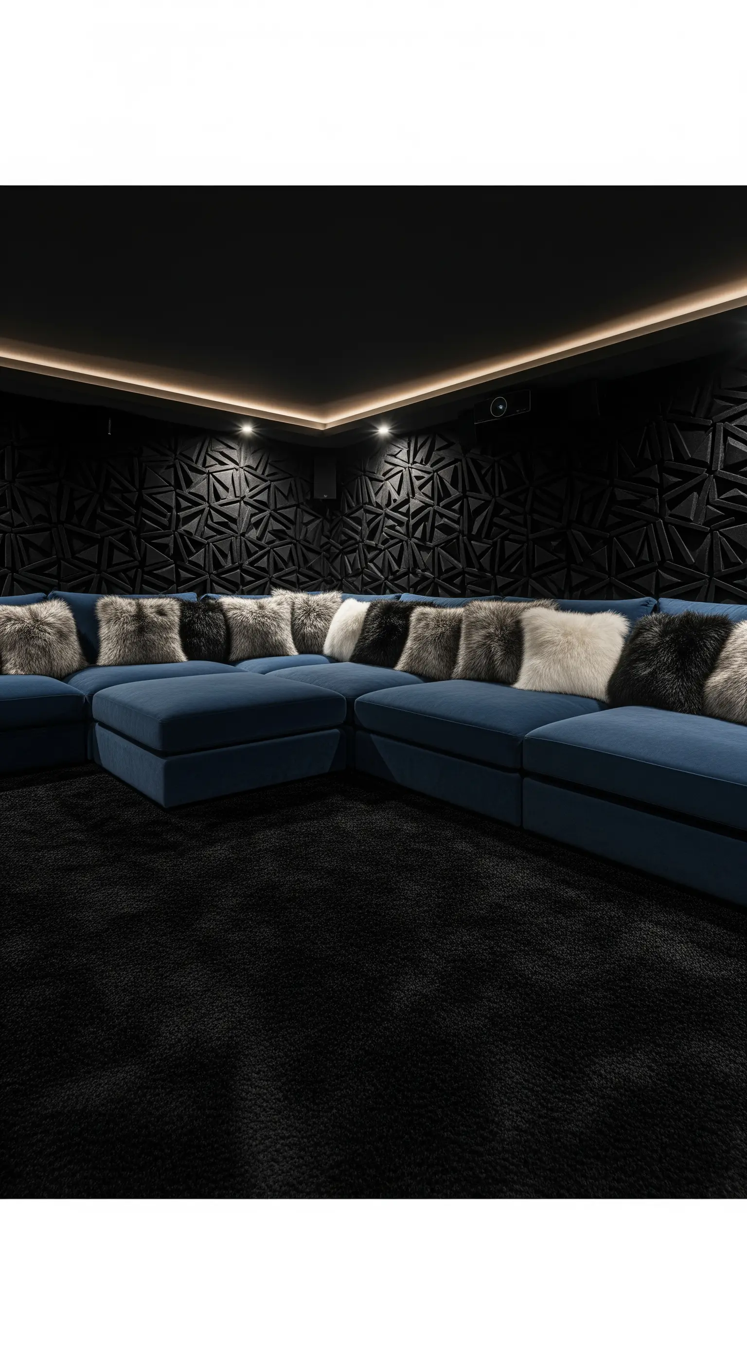 Heimkino mit schwarzen 3D-Wandpaneelen und blauem Sofa