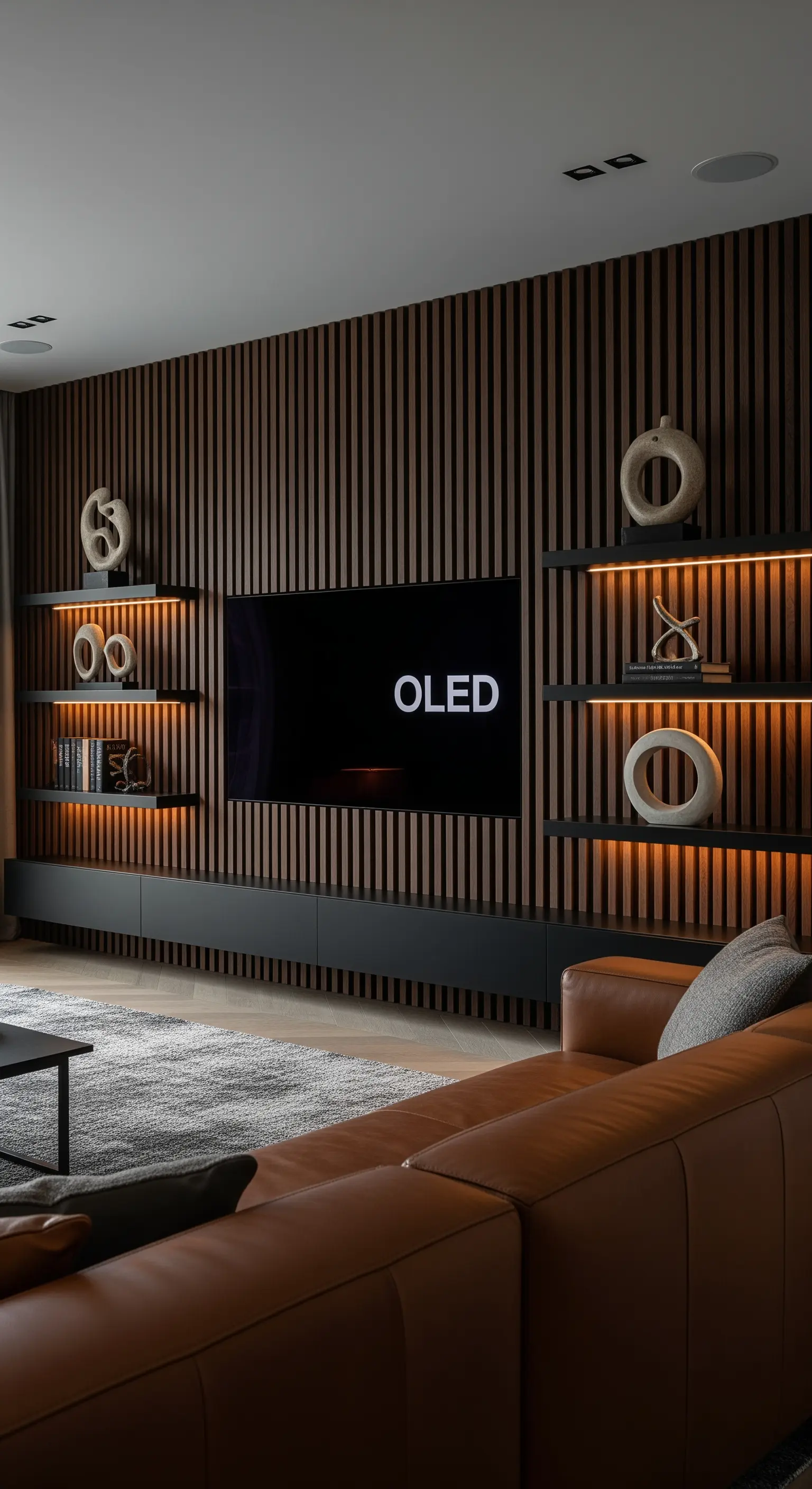 Dunkle Holzlamellen-Wand mit schwebenden Regalen