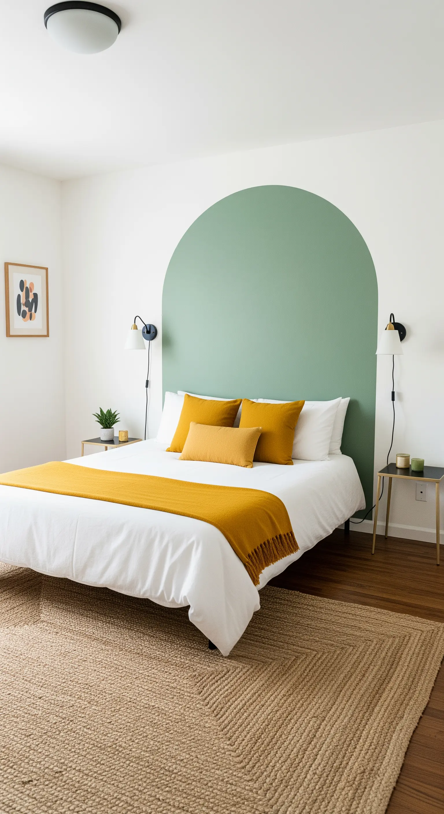 Schlafzimmer mit grünem Farbbogen als Kopfteil