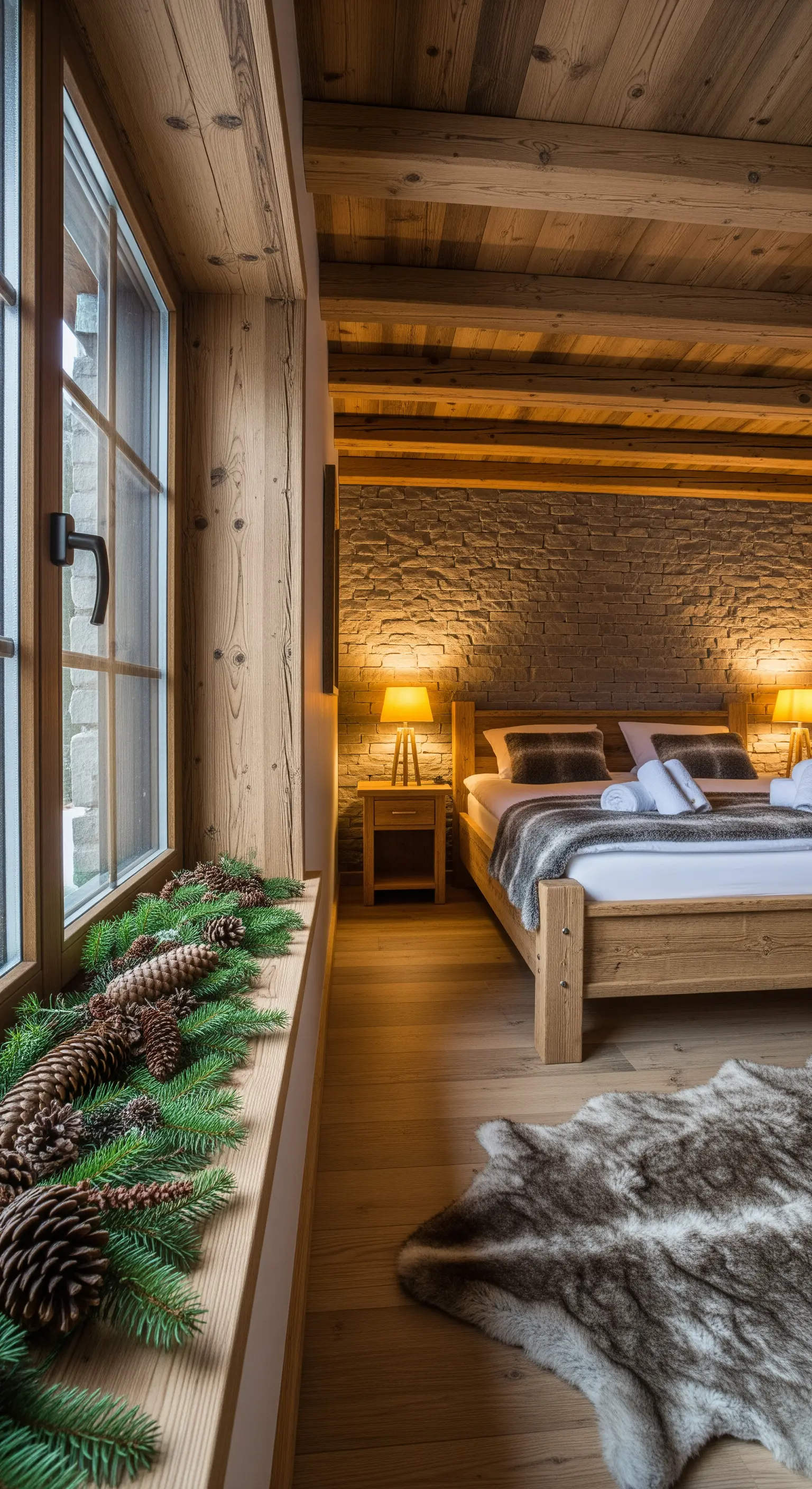 Rustikales Schlafzimmer mit Steinwand und Fellteppichen