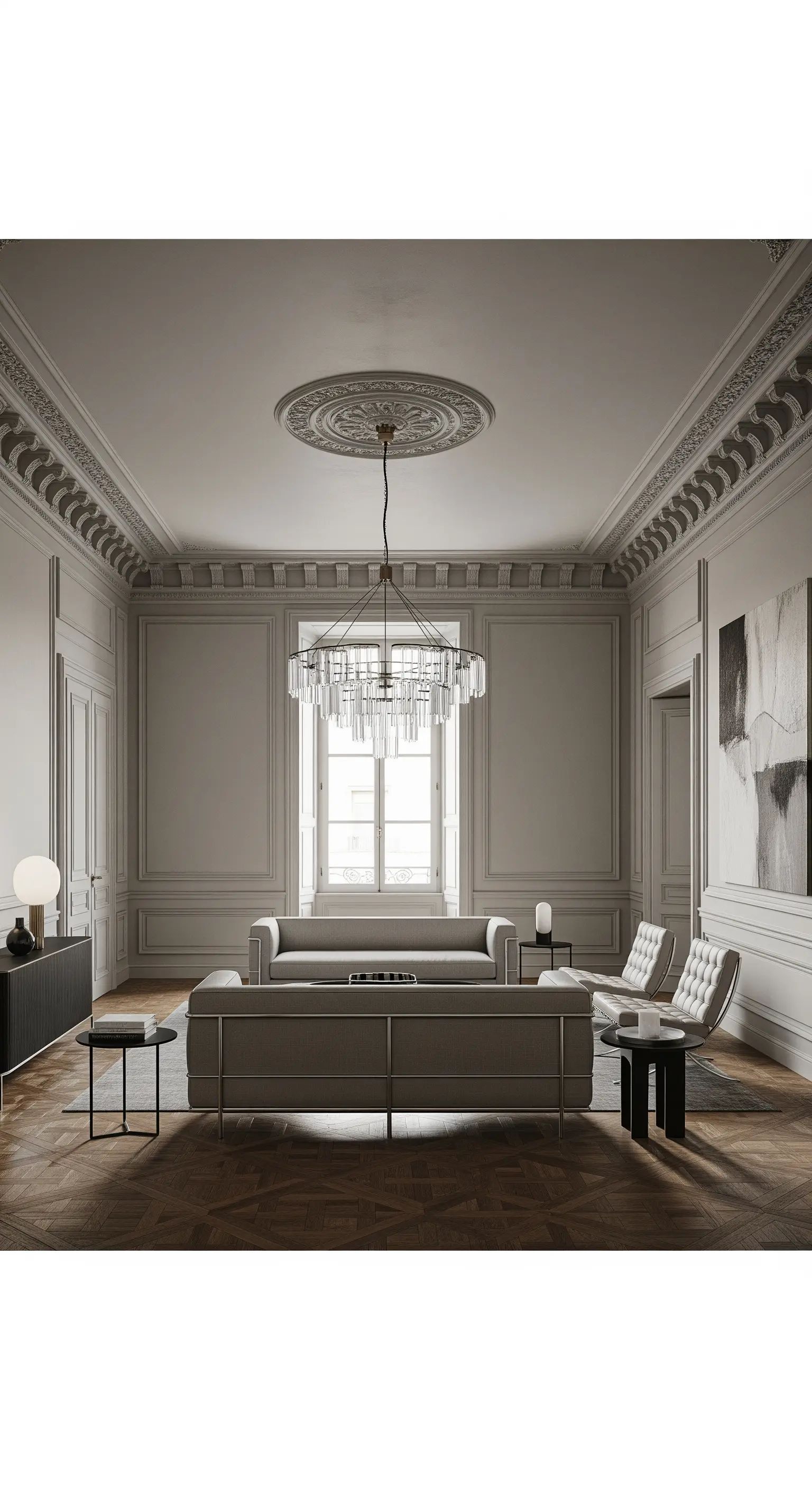 Altbauzimmer mit Stuck und modernen minimalistischen Möbeln