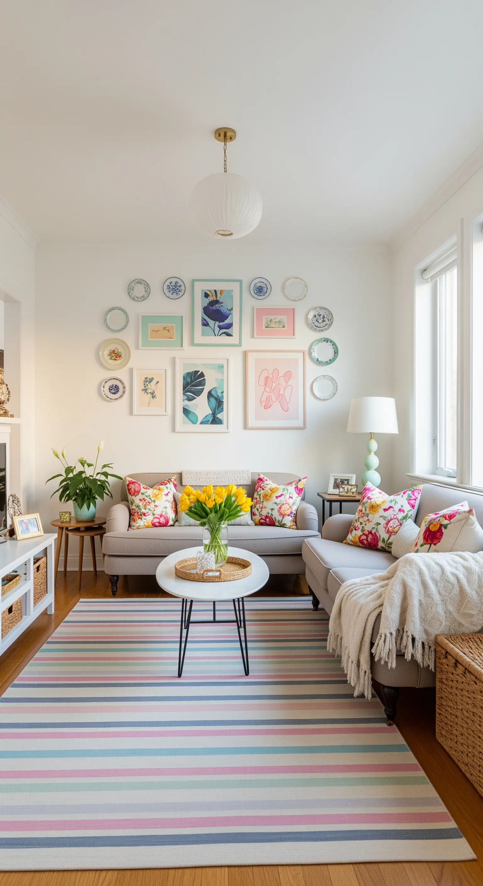 Wanddekoration mit bunten Tellern über grauem Sofa