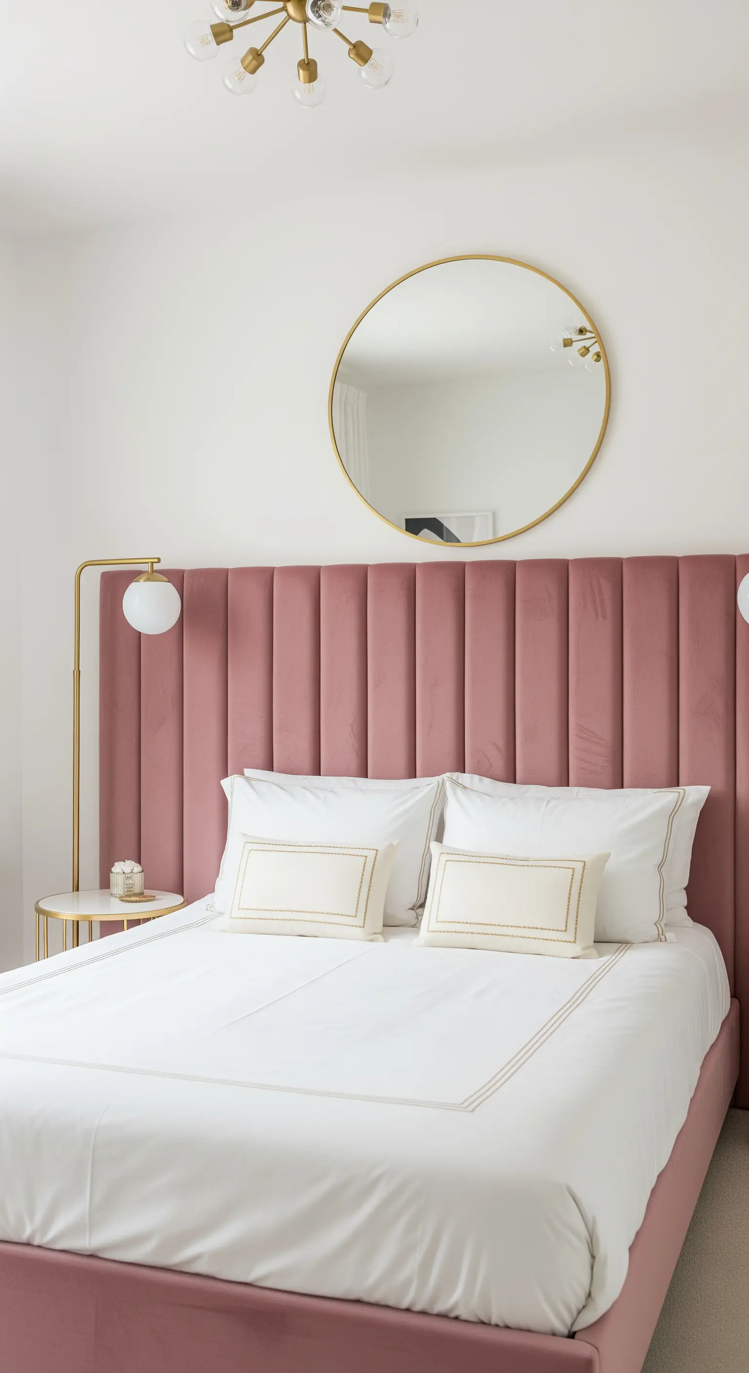 Rosa Samtkopfteil mit runden Goldspiegel