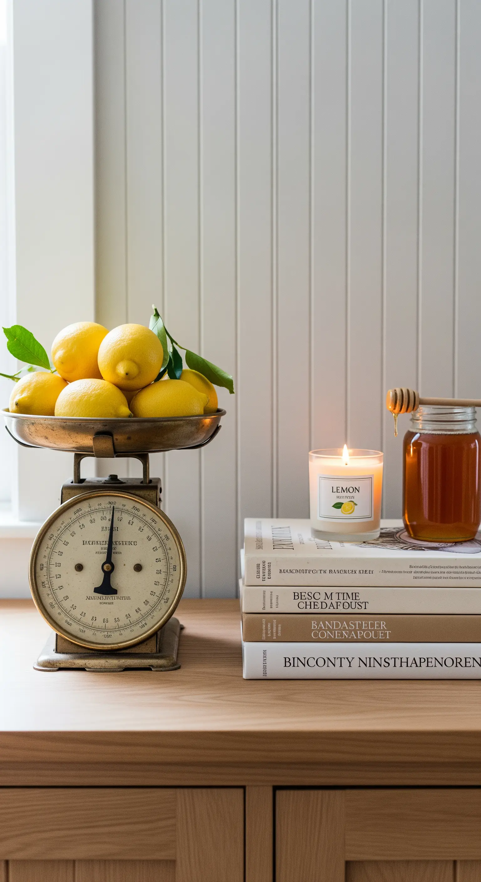 Antike Küchenwaage mit Zitronen neben Bücherstapel