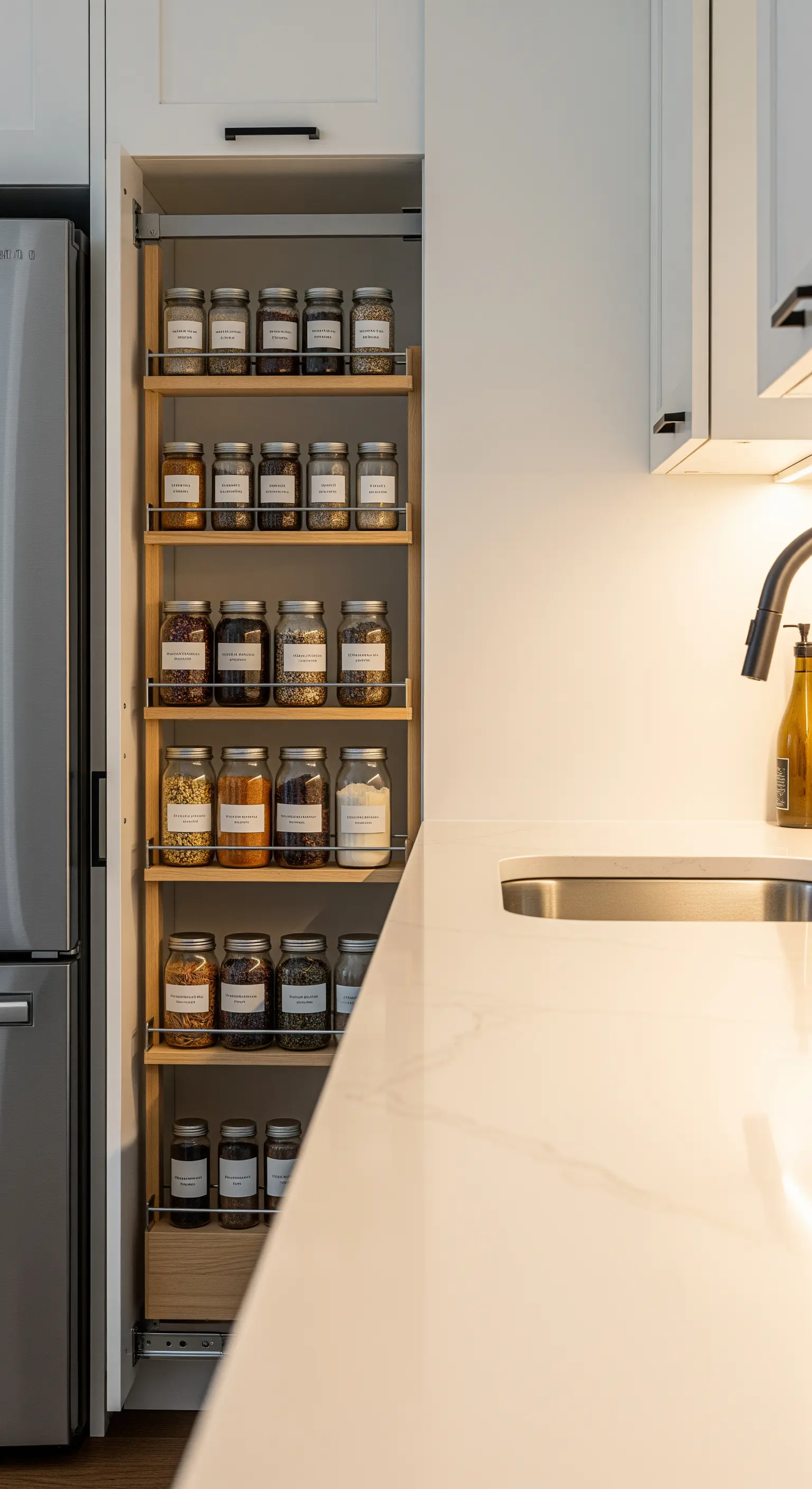 Ausziehbarer Vorratsschrank mit beschrifteten Gläsern