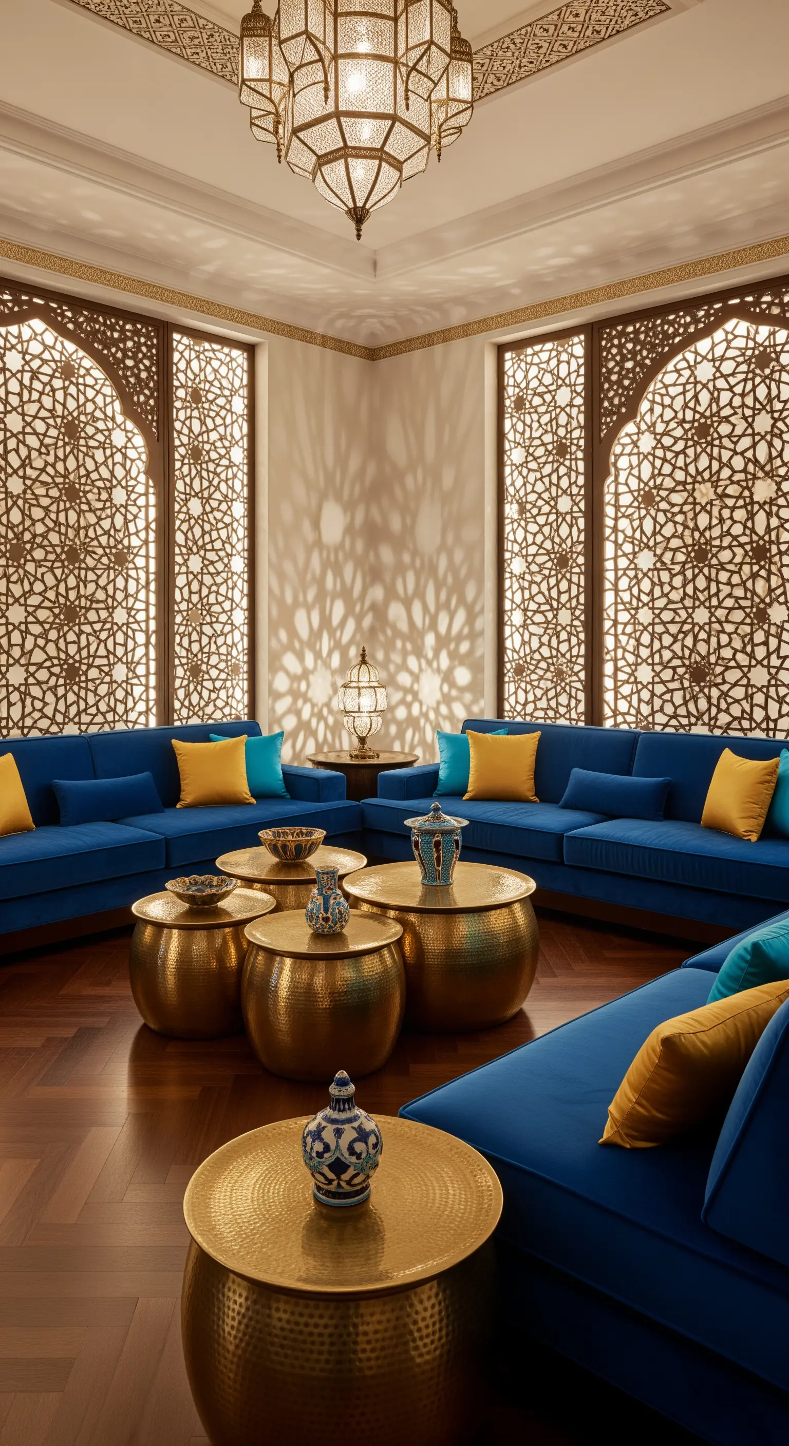 Wohnzimmer mit arabischen Mustern und blauen Samtsofas