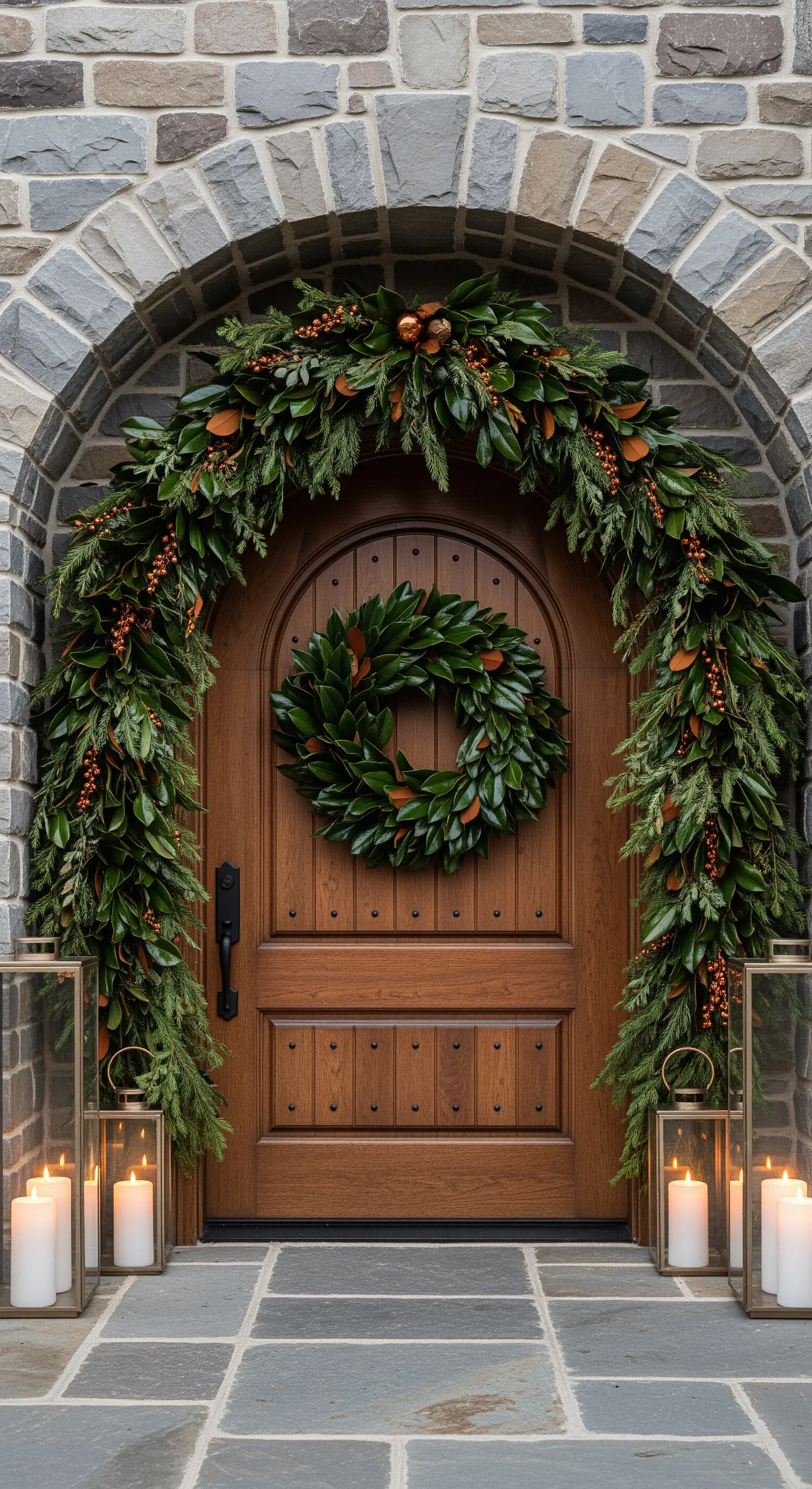 Holzrundbogentür mit Magnolienblätter-Girlande