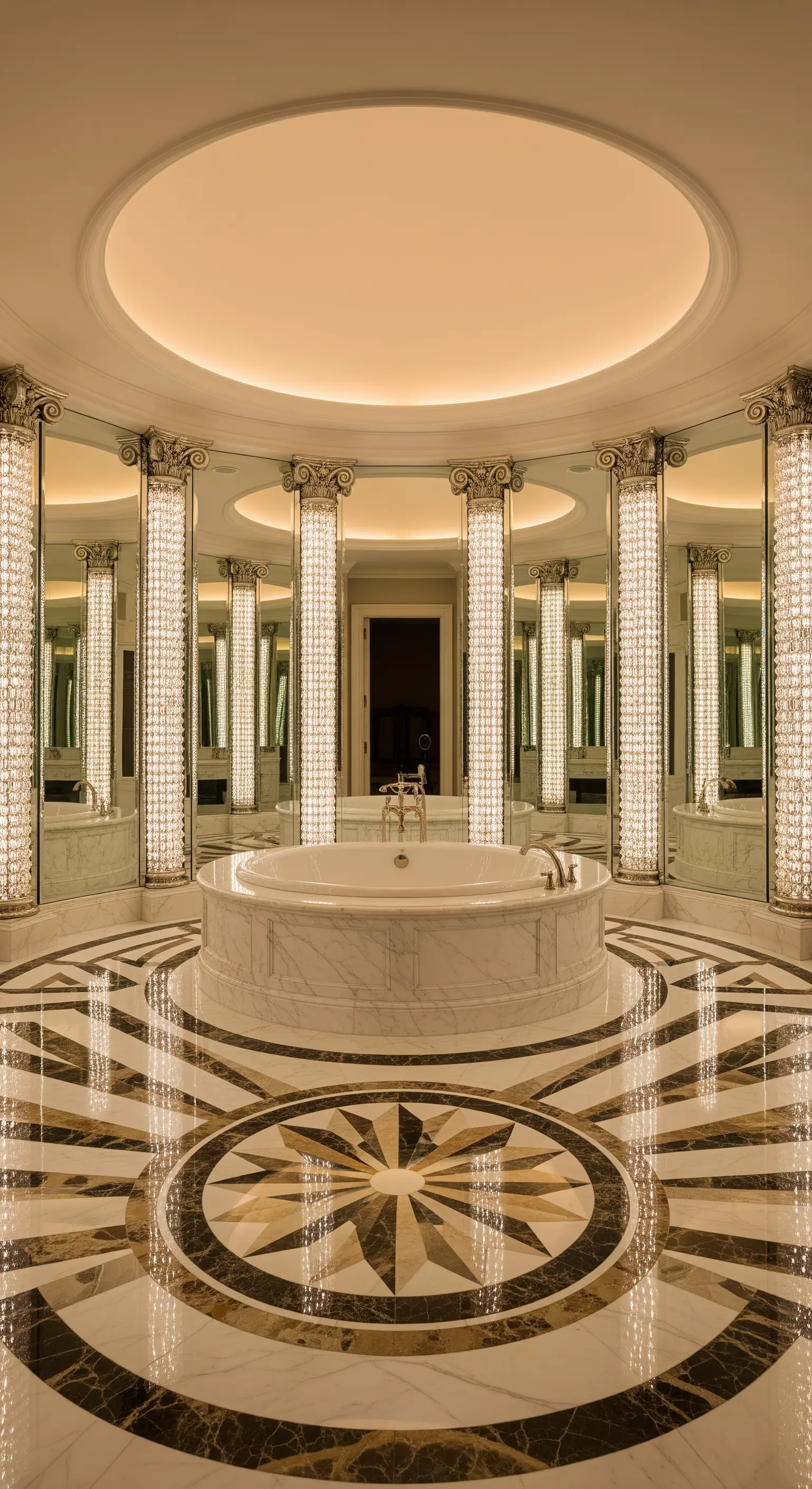 Rundes Badezimmer mit zentraler Wanne und verspiegelten Kristallsäulen