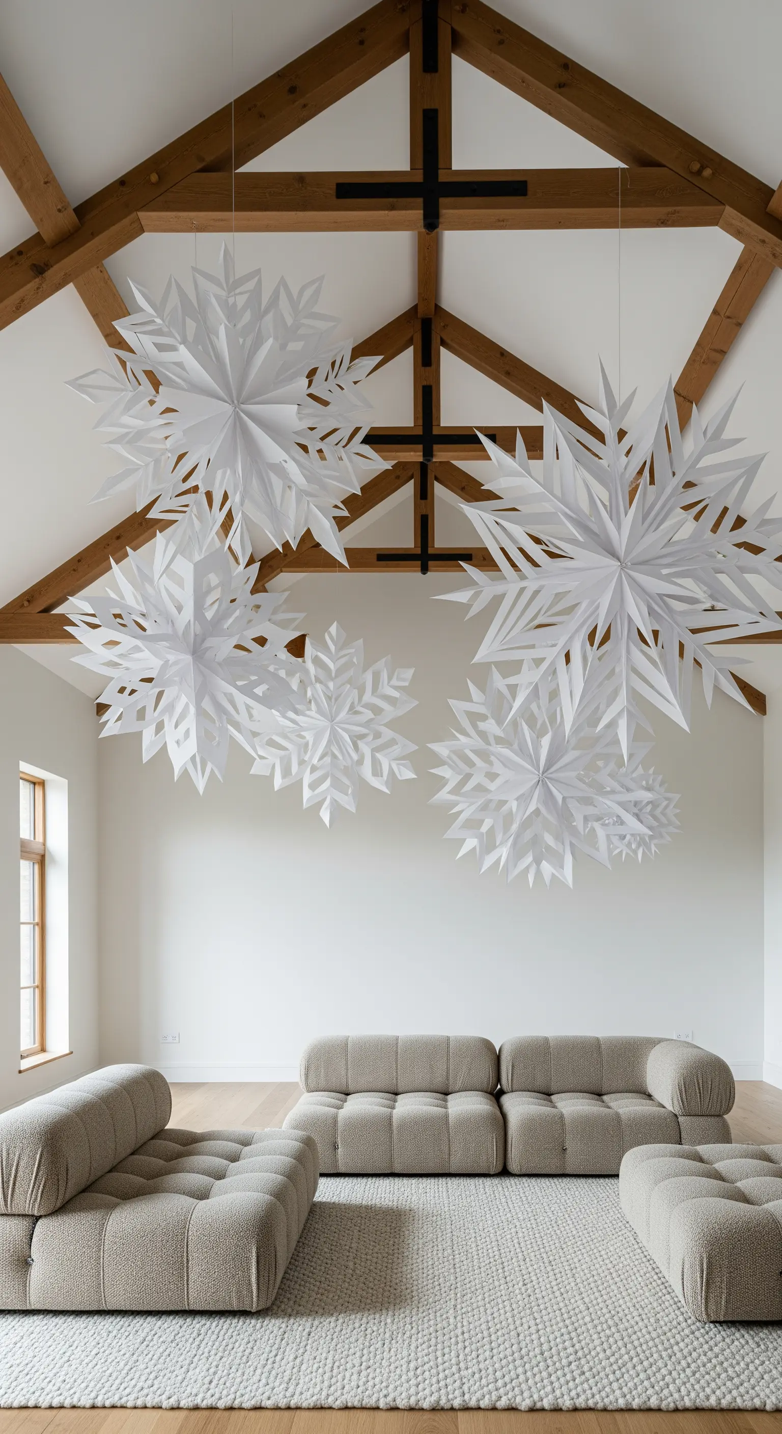 Hoher Raum mit Holzbalken, von denen riesige 3D-Papiersterne herabhängen.