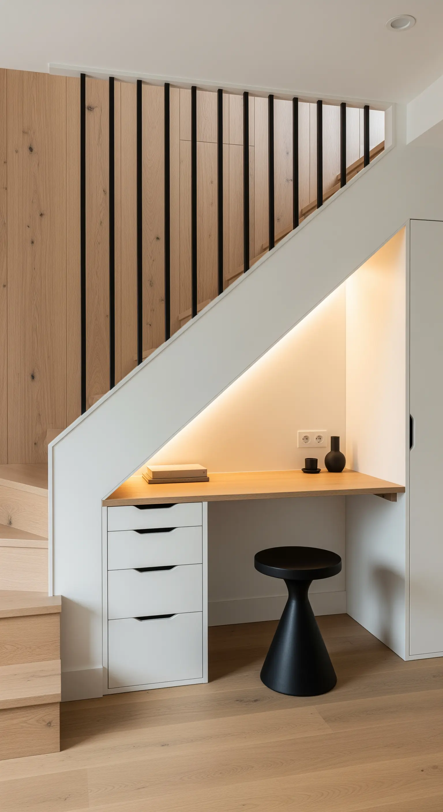 Maßgefertigter Arbeitsplatz unter weißer Holztreppe