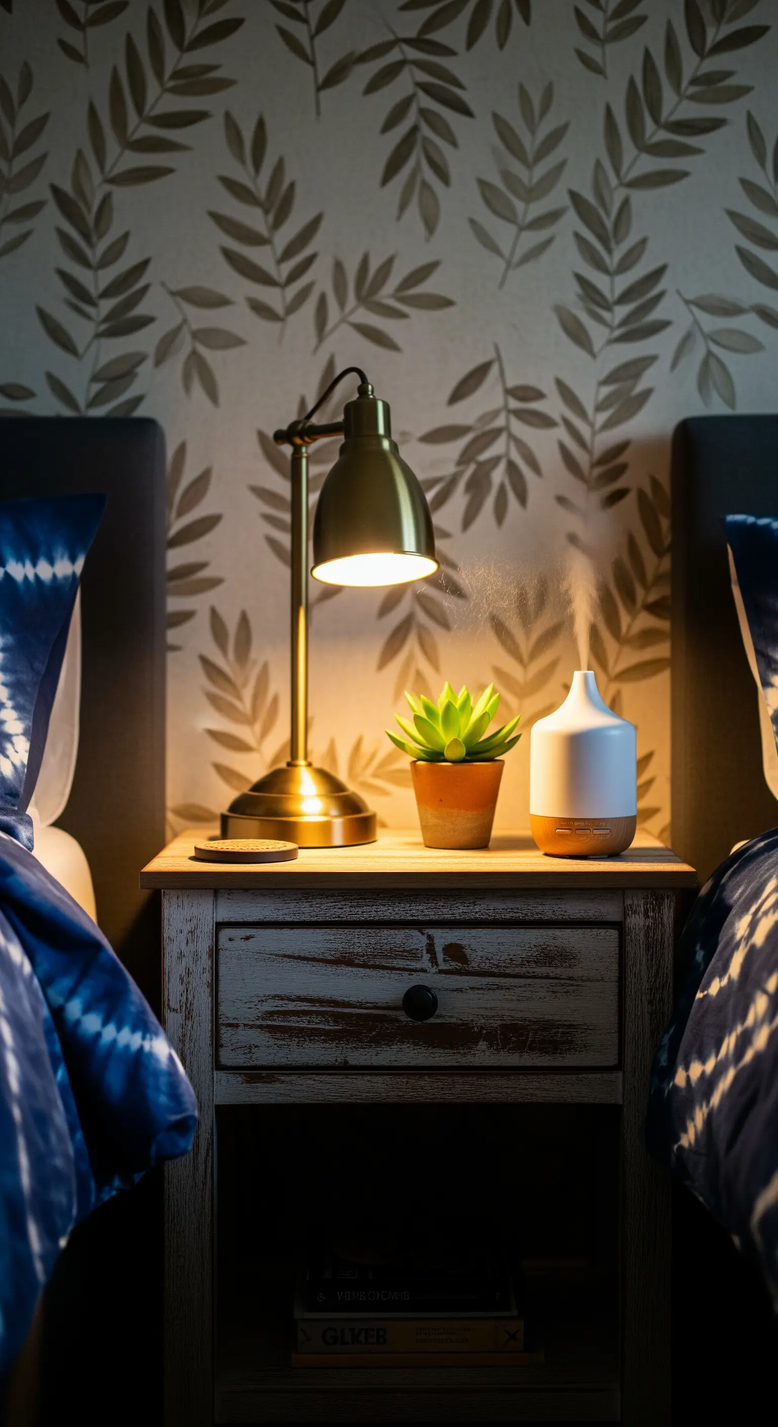 Nachttisch mit Diffuser und Pflanze