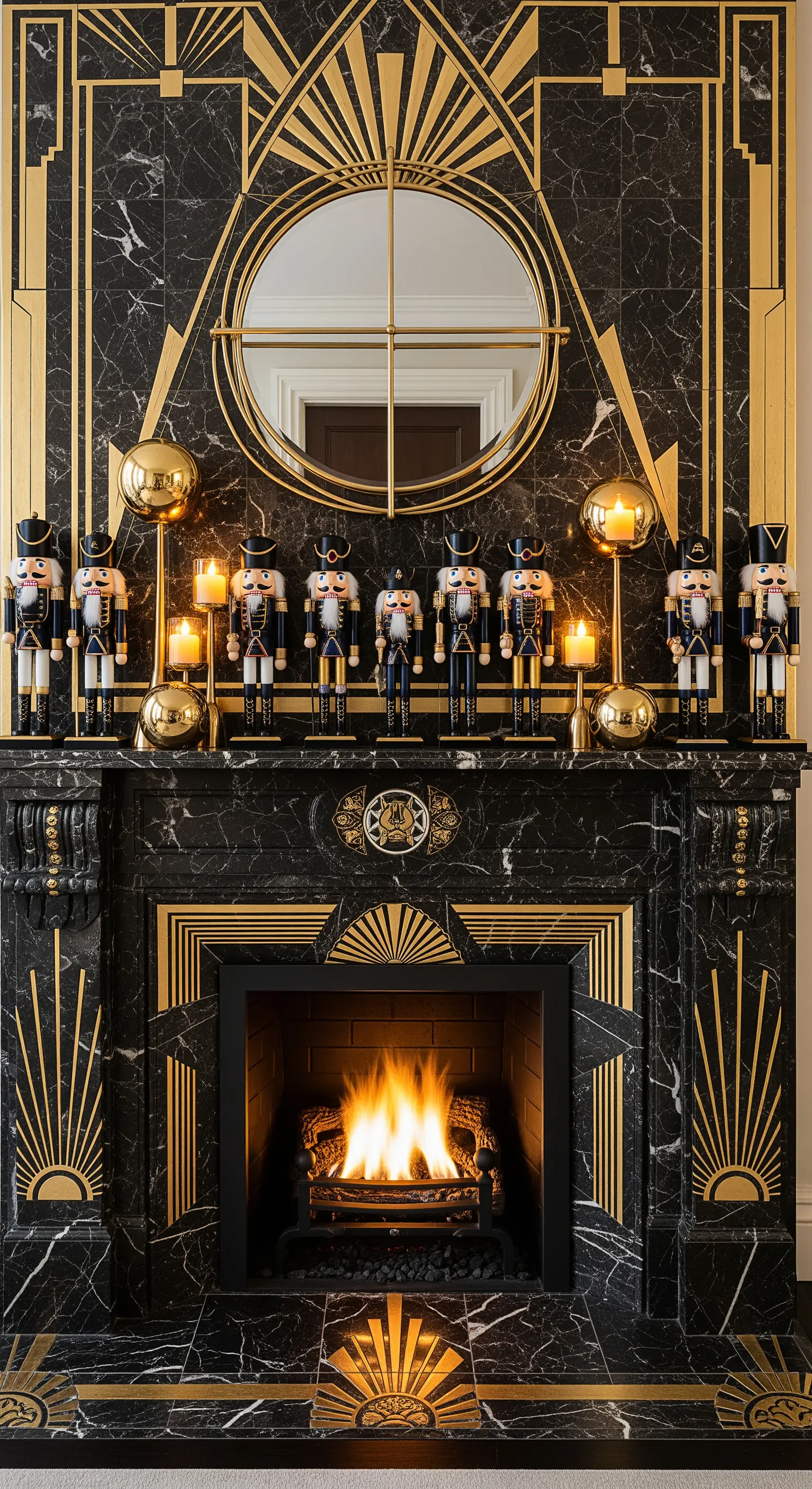 Schwarzer Marmorkamin im Art Deco Stil mit Nussknacker-Reihe und geometrischen Goldlinien.