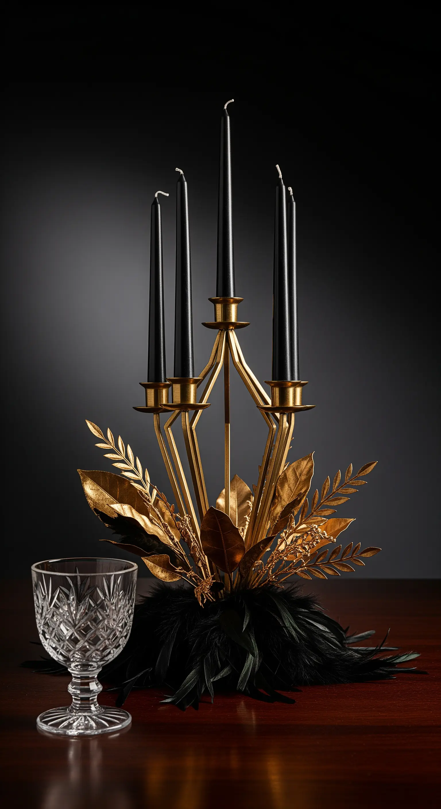 Goldener geometrischer Kerzenleuchter mit schwarzen Kerzen und Federschmuck
