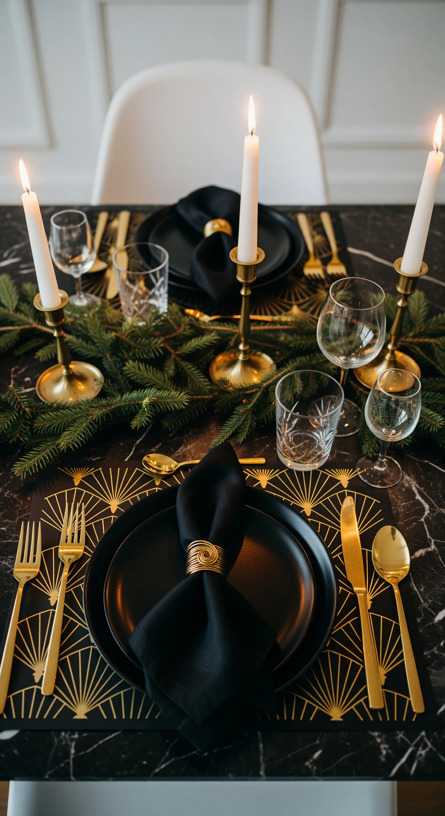 Schwarzer Tisch mit Goldbesteck und geometrischen Art Deco Mustern