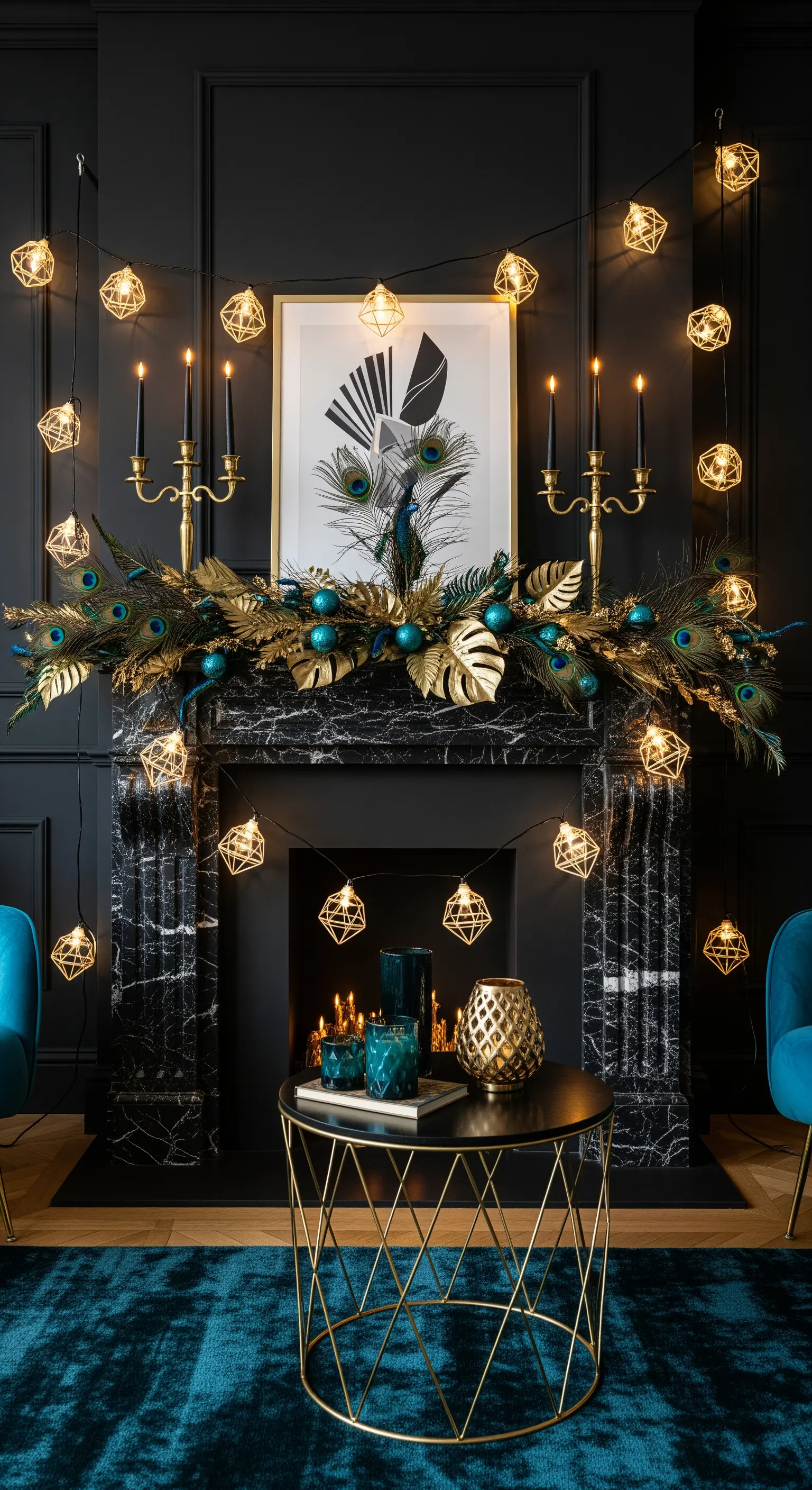 Schwarzer Kamin mit Pfauenfedern und geometrischen Lichtern