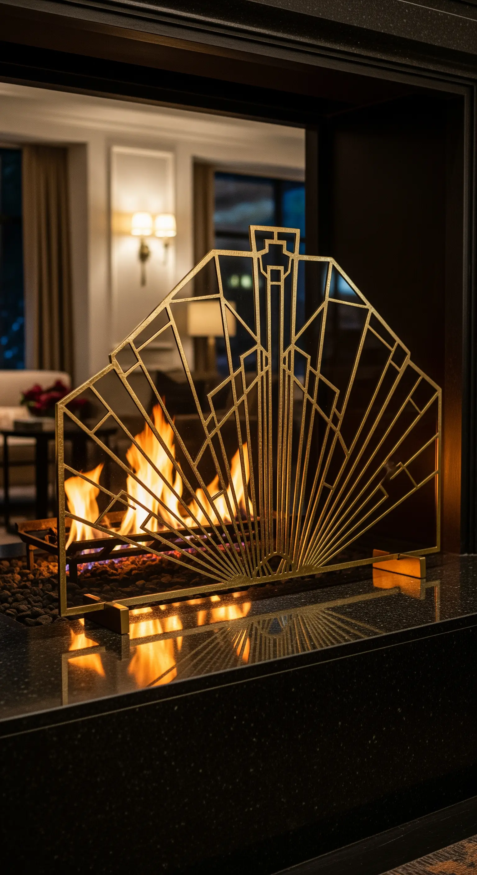 Art Deco Kamingitter in Gold vor Feuerstelle